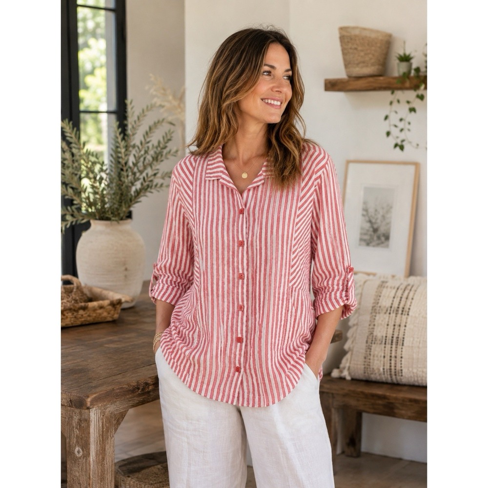 Habitat Clothes To Live In Shirt Size Medium Red White Stripe Roll Tab Cotton